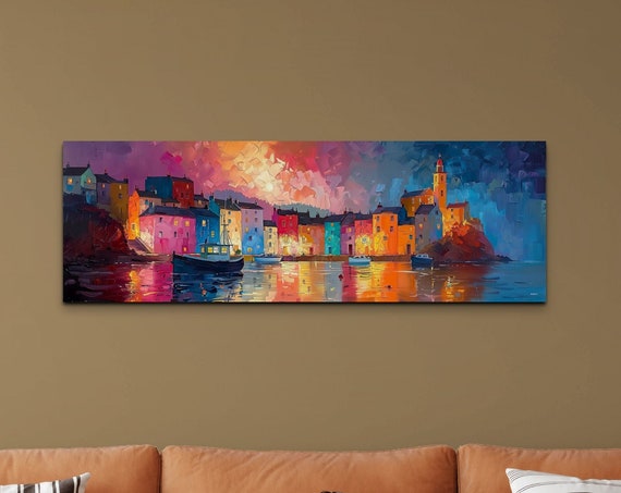 Colorful Painting Style Fishing Village Wall Art Print Panoramic Wall Decor Livingroom Ready To Hang Nature Decor Sunrise Sunset