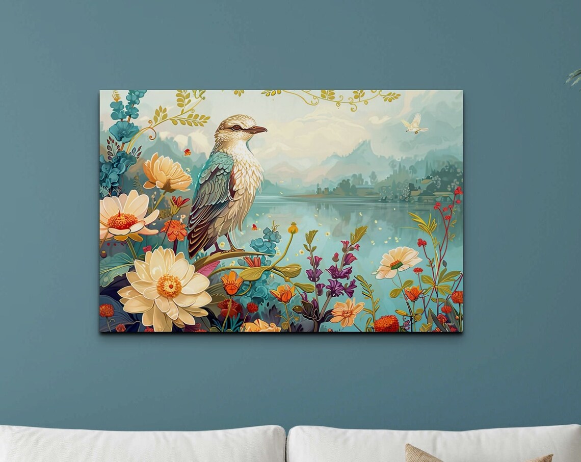 Songbird Among Wildflowers Lake Folk Art Style Bird Painting Poster