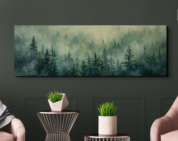 Morning Fog Over A Mountain Forest Panoramic Print Foggy Pine Tree Landscape Framed Wall Art Misty Mountain Landscape Art