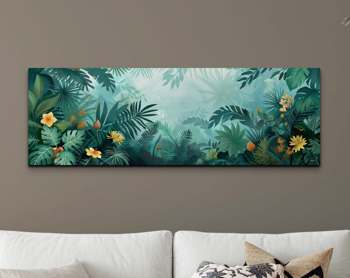 Teal Tropical Leaves With Golden Flowers Botanical Art Poster