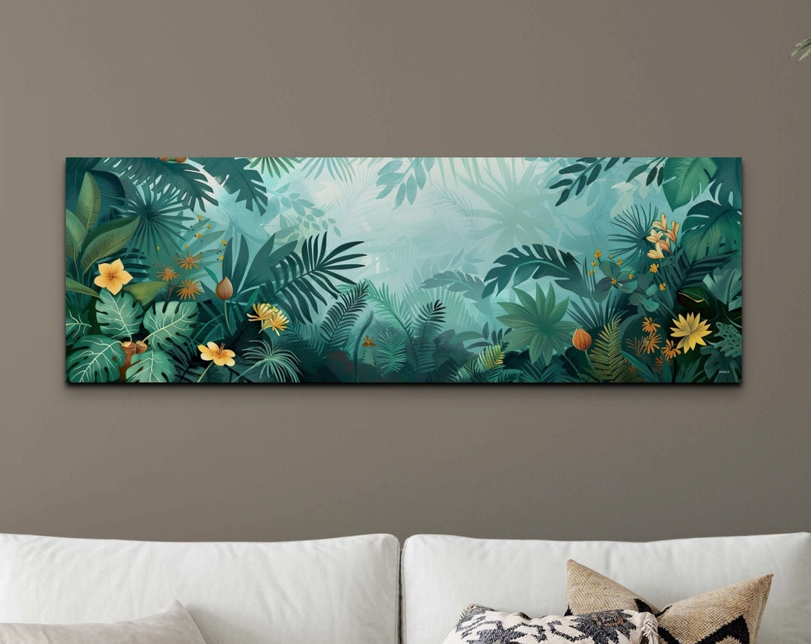 Tropic Botanical Floral Sce Mid Century Modern Wall Art Panoramic Botanical Art Floral Wall Art Tropical Art