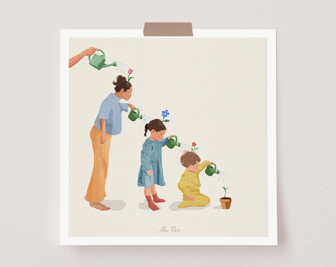 Together We Bloom Mother Watering Children Garden Wall Poster