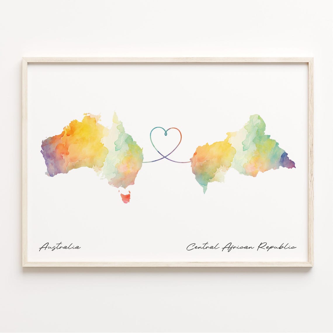 Australia to Central African Republic Watercolor Map Art Poster