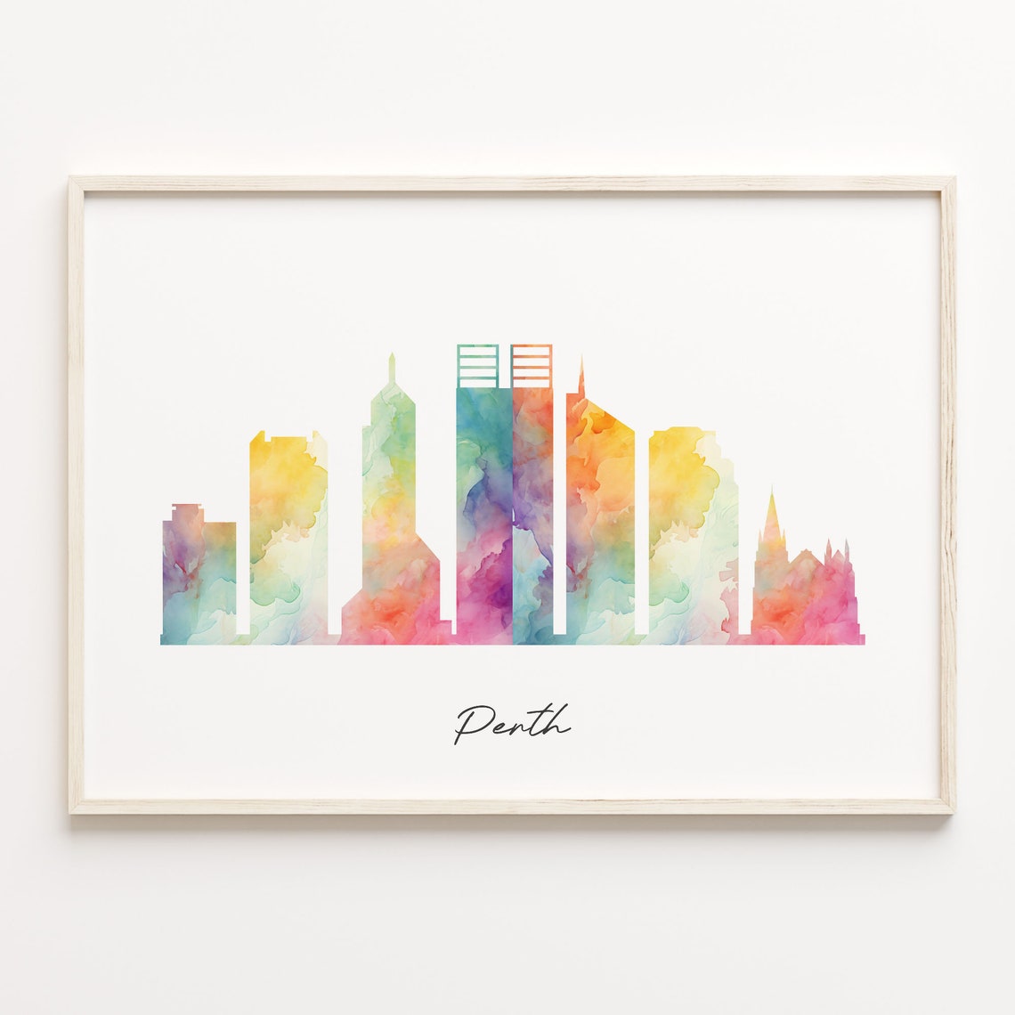 Perth Australia Rainbow Wash Watercolor Skyline Cityscape Poster