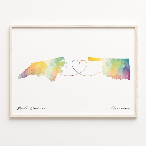 North Carolina To Oklahoma Heart Map Watercolor Travel Poster