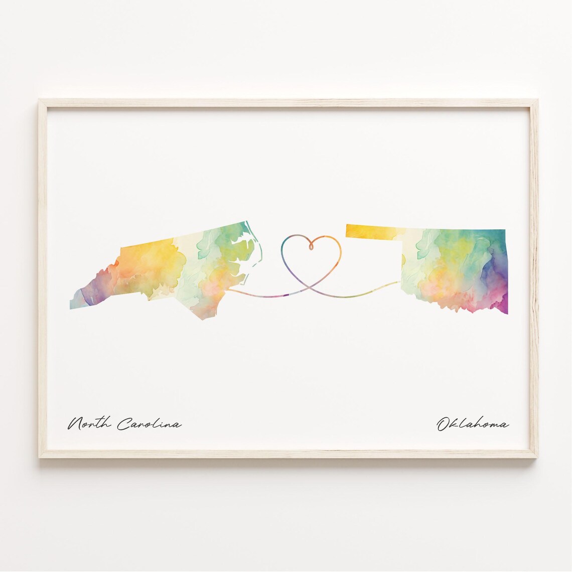 North Carolina To Oklahoma Heart Map Watercolor Travel Poster
