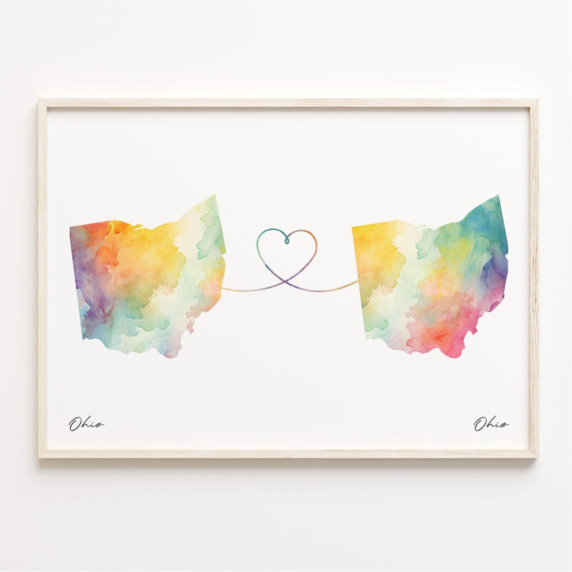 Ohio to Ohio Watercolor State Map Heart Connected Love Art Poster