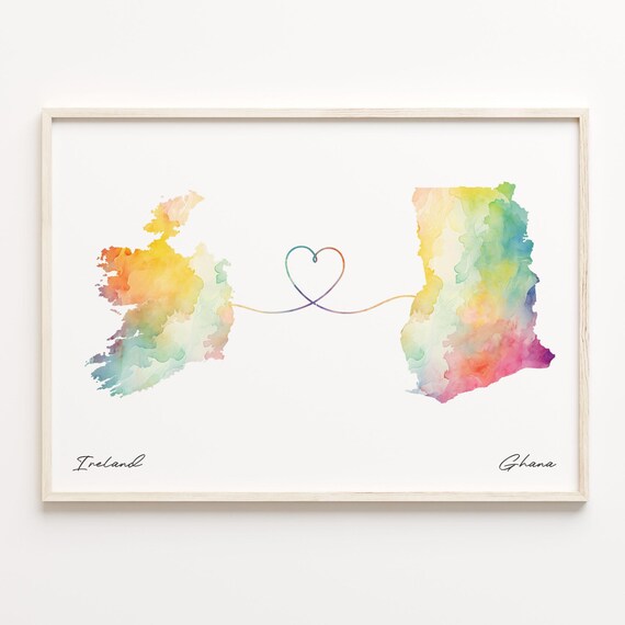 Ireland to Ghana Watercolor Map Heart Connection Long Distance Poster