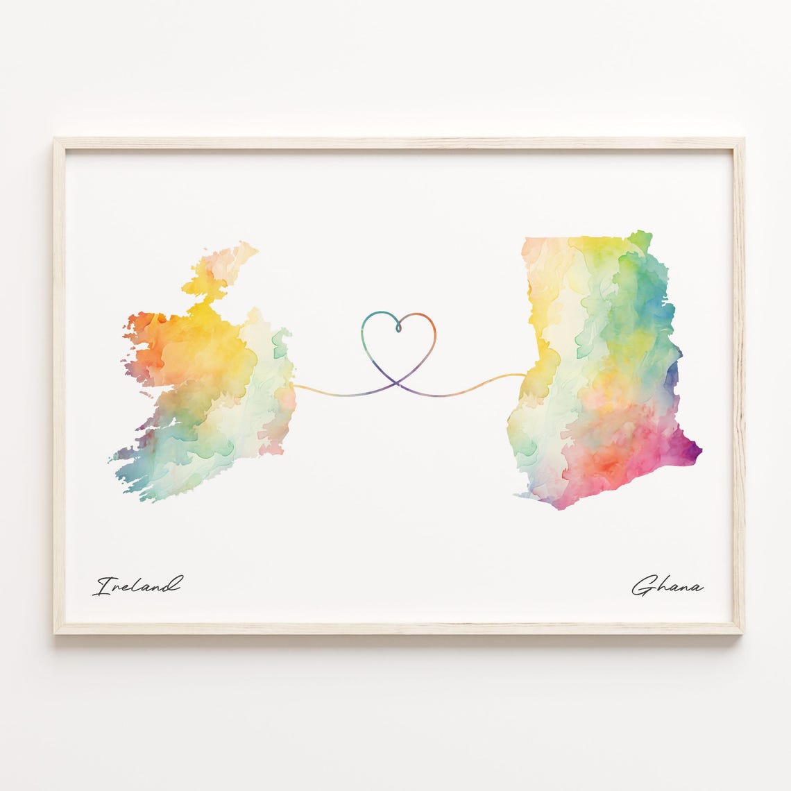 Ireland to Ghana Watercolor Map Heart Connection Long Distance Poster