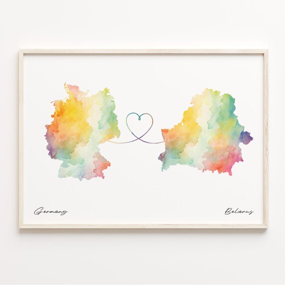 Germany to Belarus Watercolor Map with Heart Connection Poster