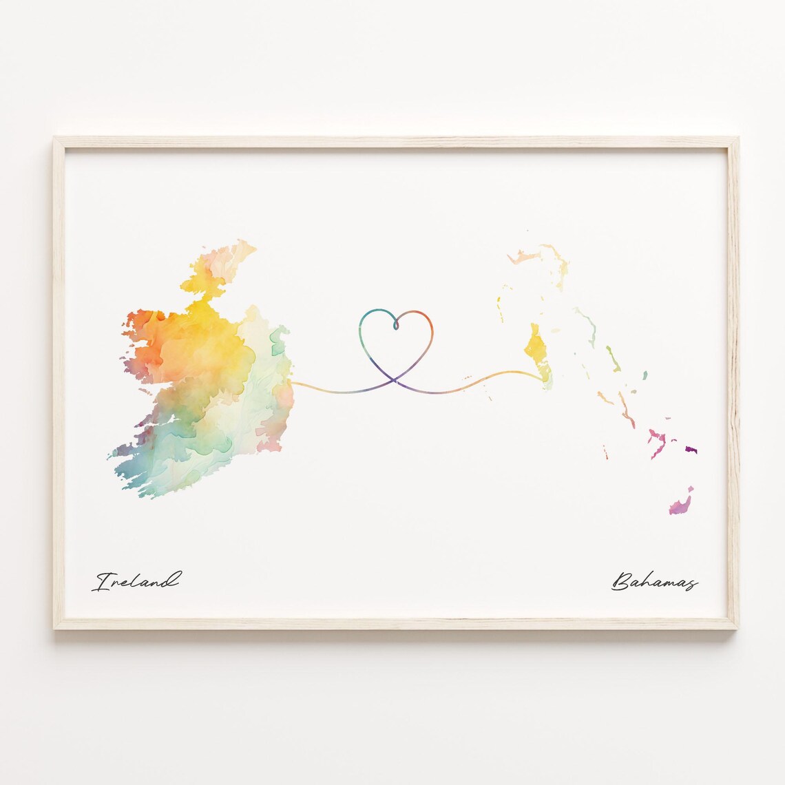 Ireland to Bahamas Watercolor Map Heart Connection Love Poster