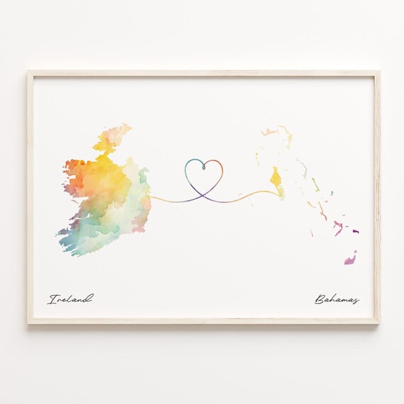 Ireland to Bahamas Watercolor Map Heart Connection Love Poster