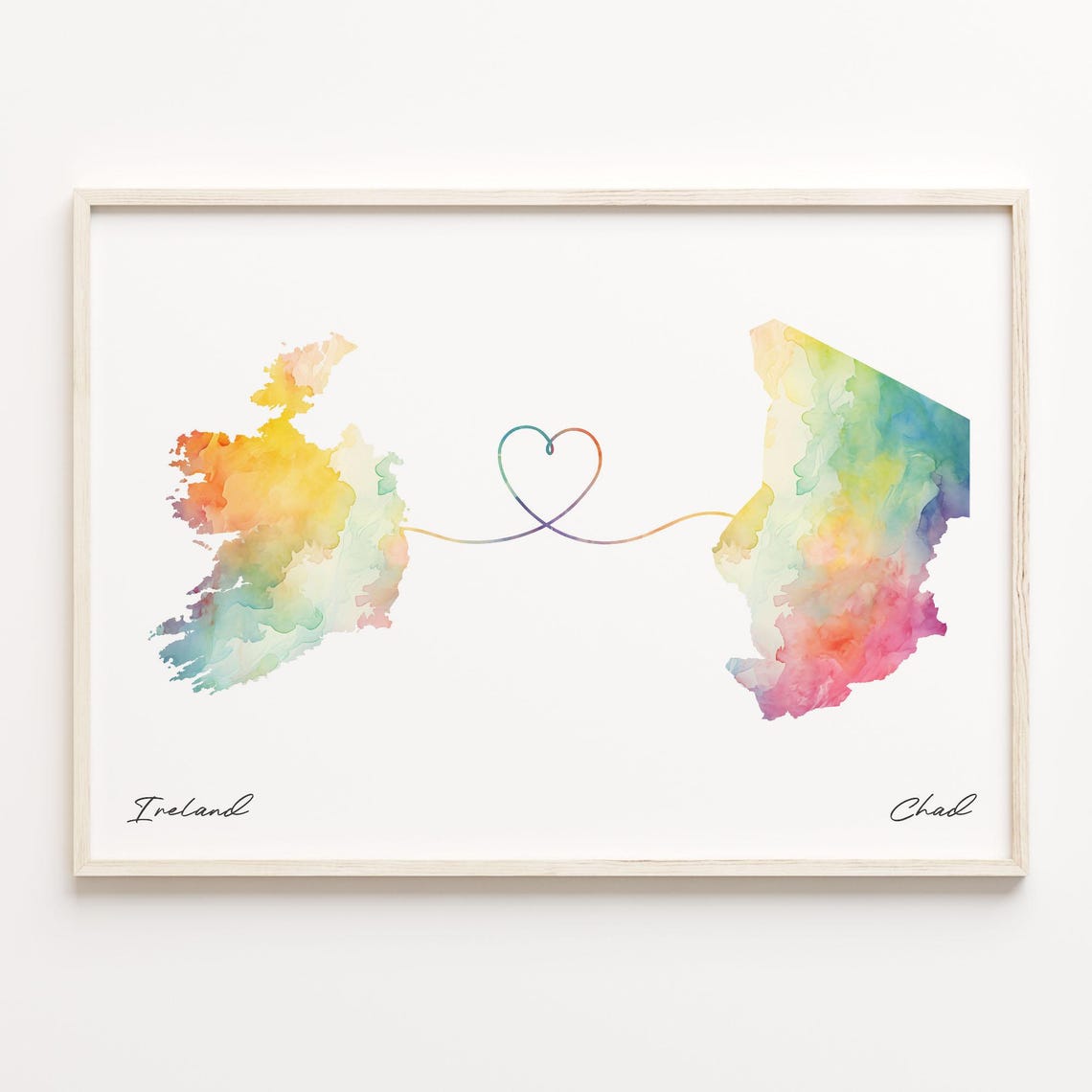 Ireland To Chad Watercolor Countries Heart Map Connection Art Print