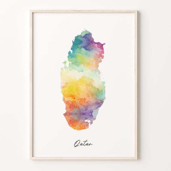 Qatar Watercolor Map Rainbow Country Silhouette Geography Wall Poster