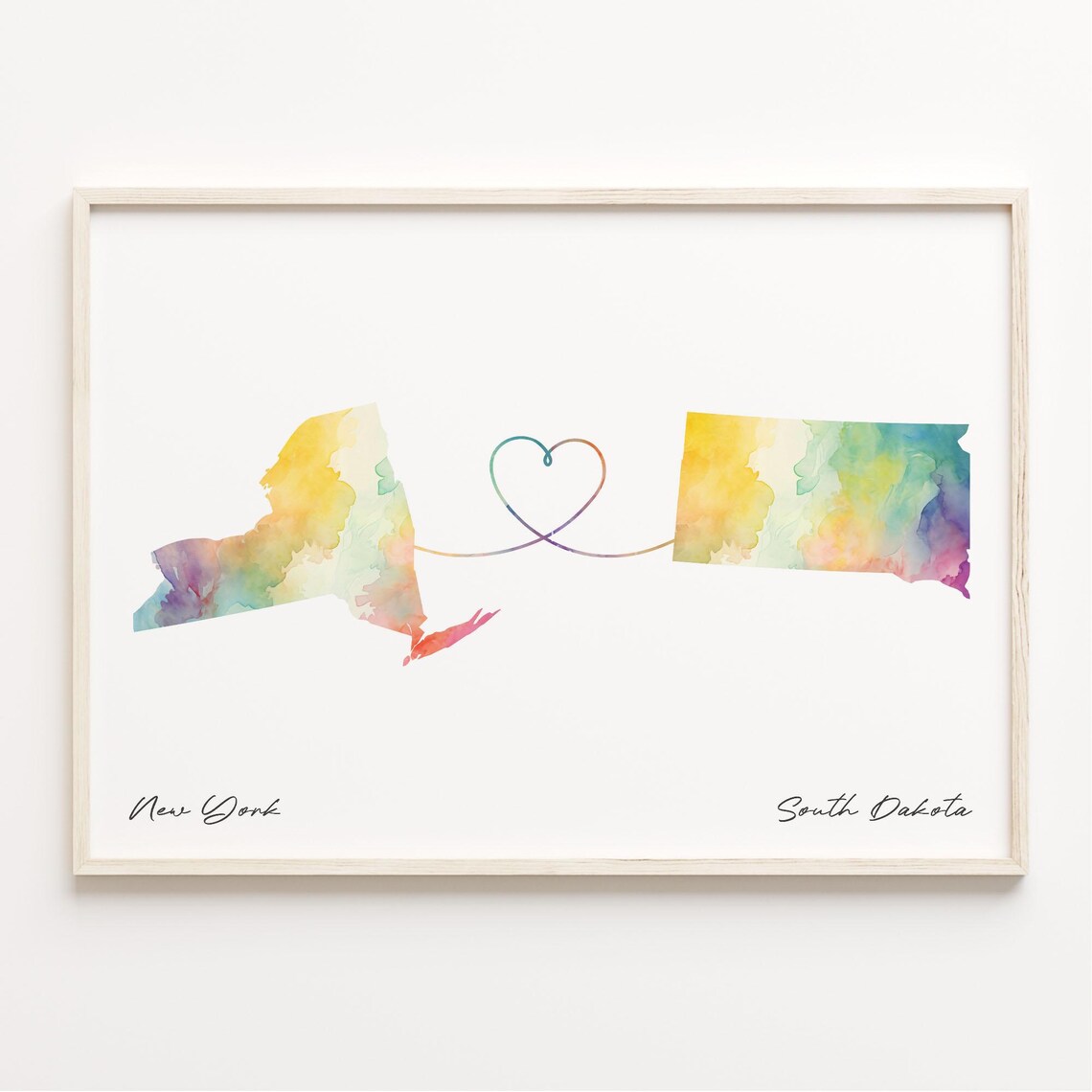 New York To South Dakota Watercolor Map Art Print