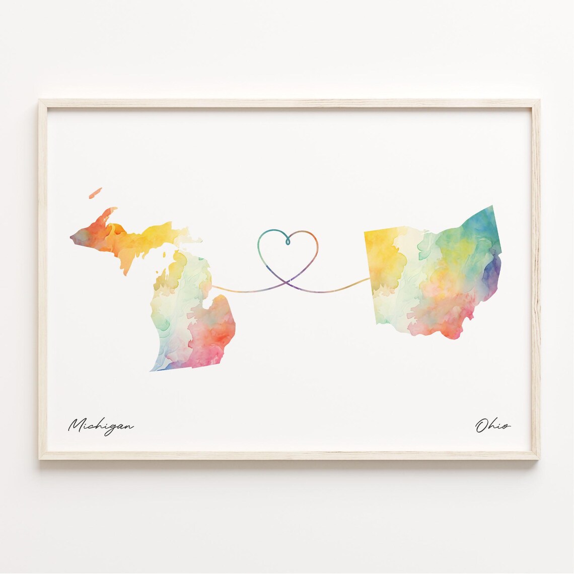 Michigan To Ohio Watercolor Map Poster, Travel Art