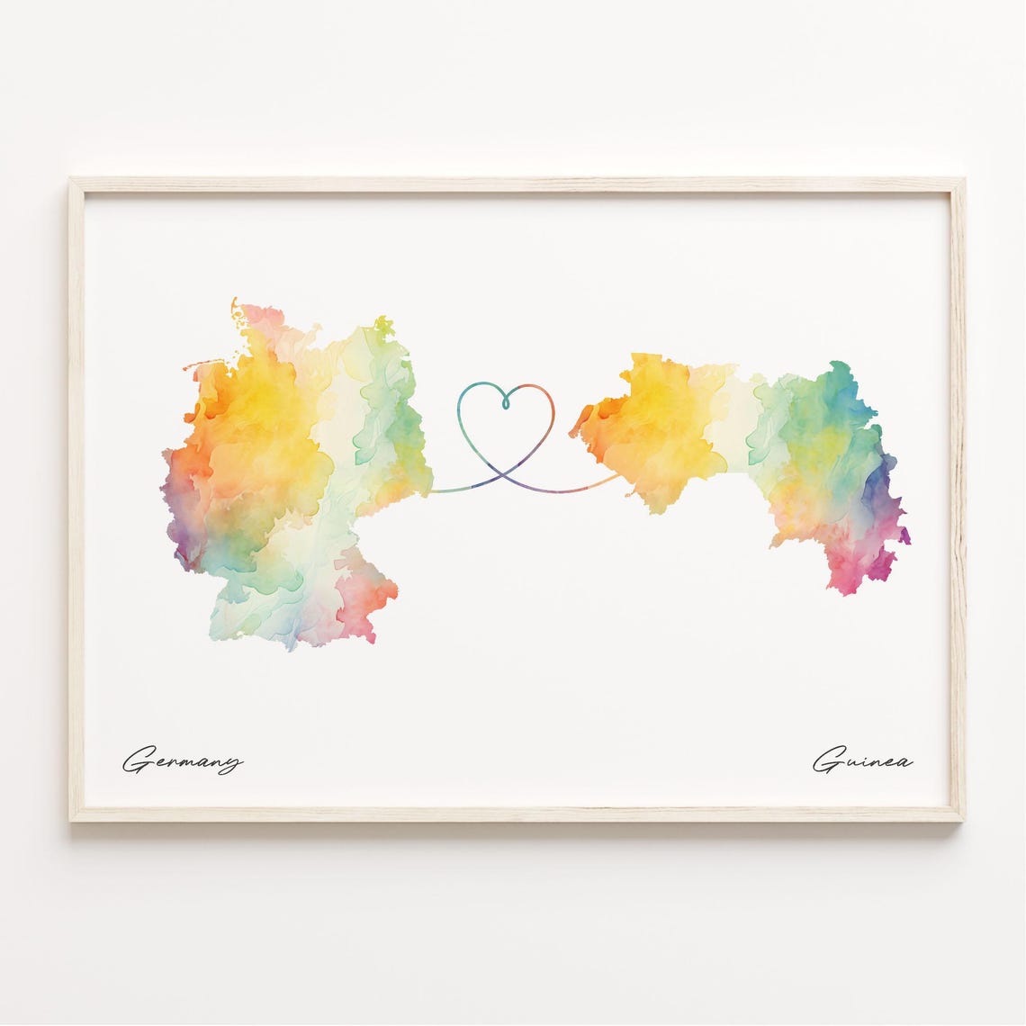 Germany and Guinea Watercolor Map Heart Connection Art Poster