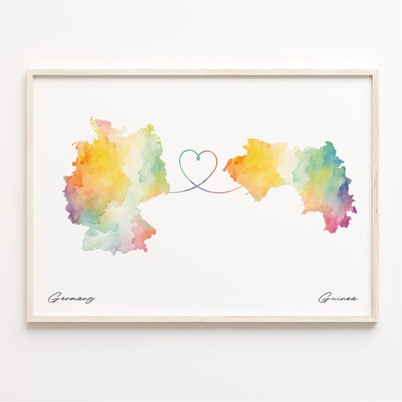 Germany and Guinea Watercolor Map Heart Connection Art Poster