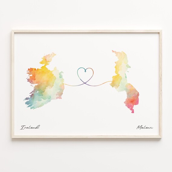 Ireland to Malawi Watercolor Heart Map Long Distance Love Print