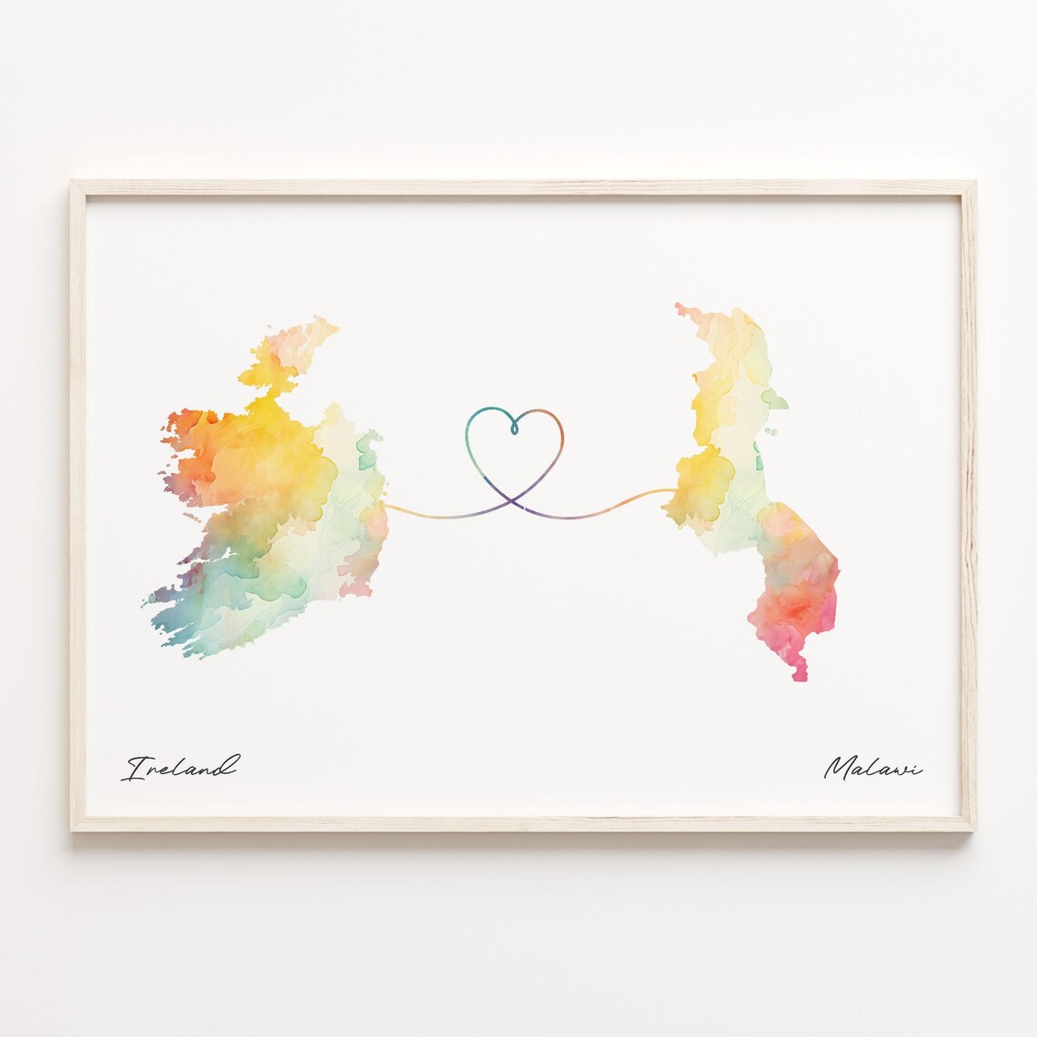 Ireland to Malawi Watercolor Heart Map Long Distance Love Print