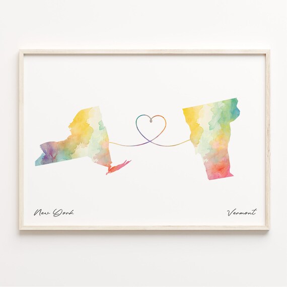 New York Vermont Watercolor Heart Map Long Distance Love Print