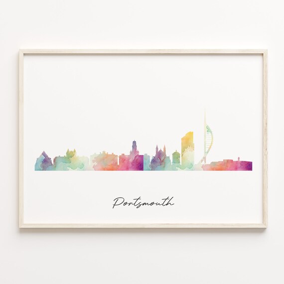 Portsmouth England Colorful Watercolor Skyline Cityscape Art Poster