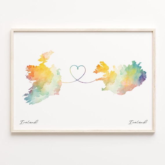 Ireland to Iceland Watercolor Heart Map Love Connection Poster