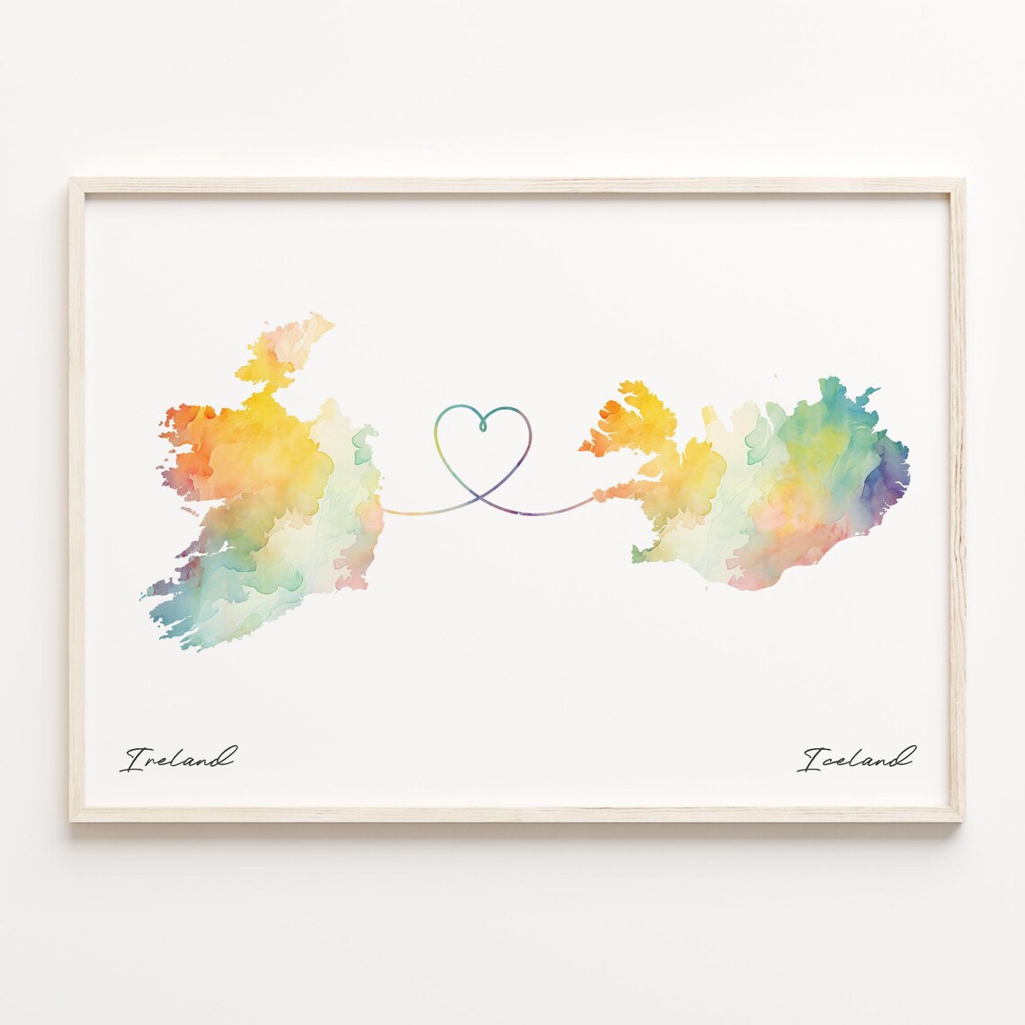 Ireland to Iceland Watercolor Heart Map Love Connection Poster