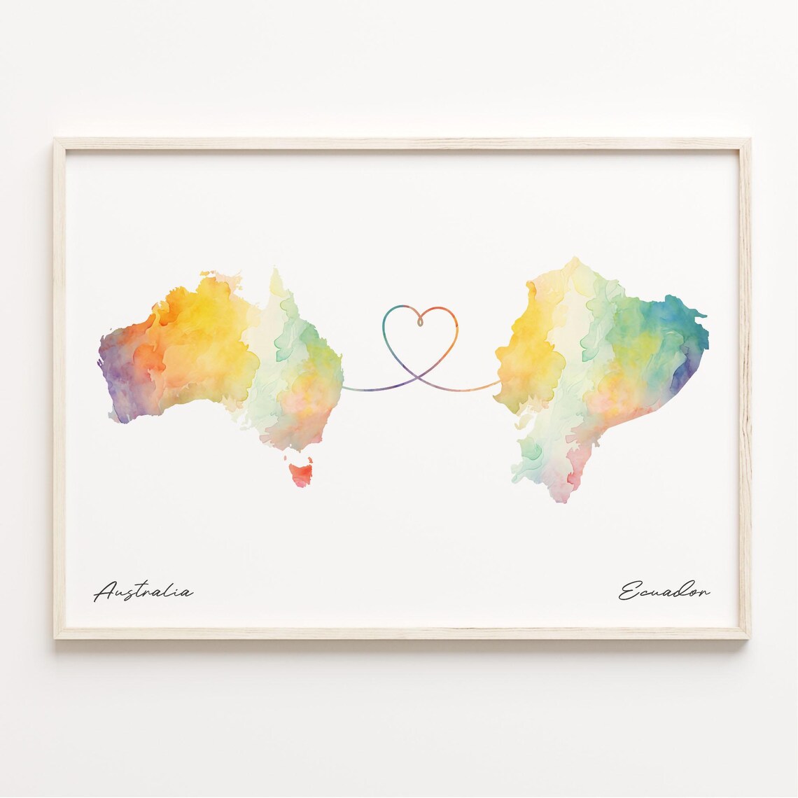 Australia Ecuador Watercolor Heart Map Long Distance Love Print
