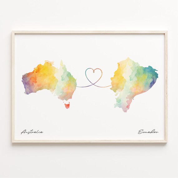 Australia Ecuador Watercolor Heart Map Long Distance Love Print