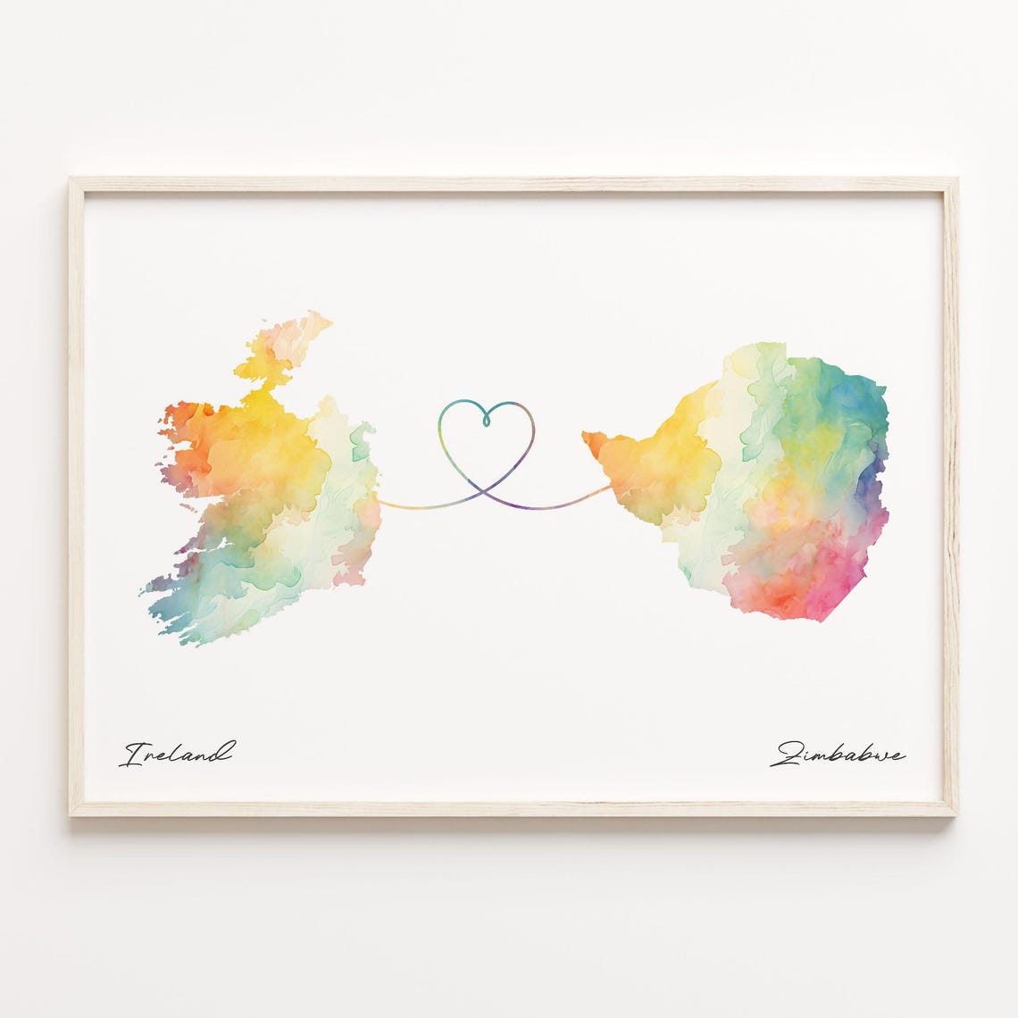 Ireland To Zimbabwe Watercolor Heart Connection Map Art Print
