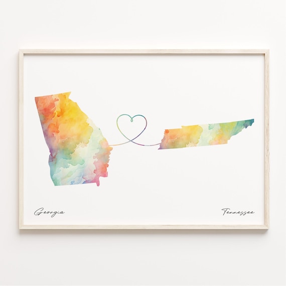 Georgia To Tennessee Watercolor Map Heart Long Distance Love Poster