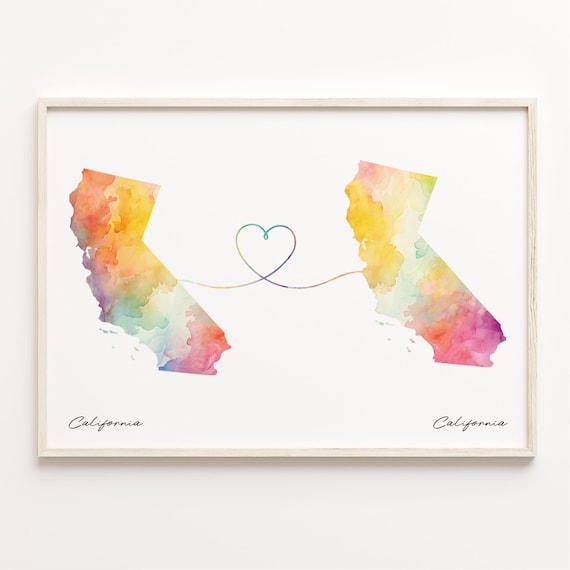 California To California Watercolor Heart Connection Map Poster