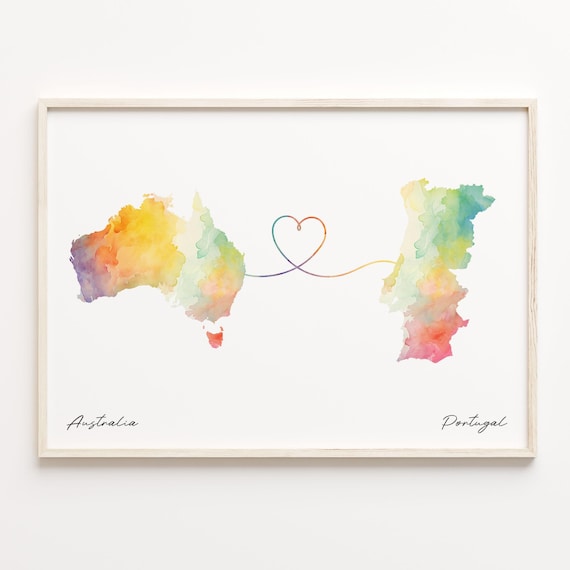 Australia To Portugal Romantic Watercolor Love Map Heart Poster