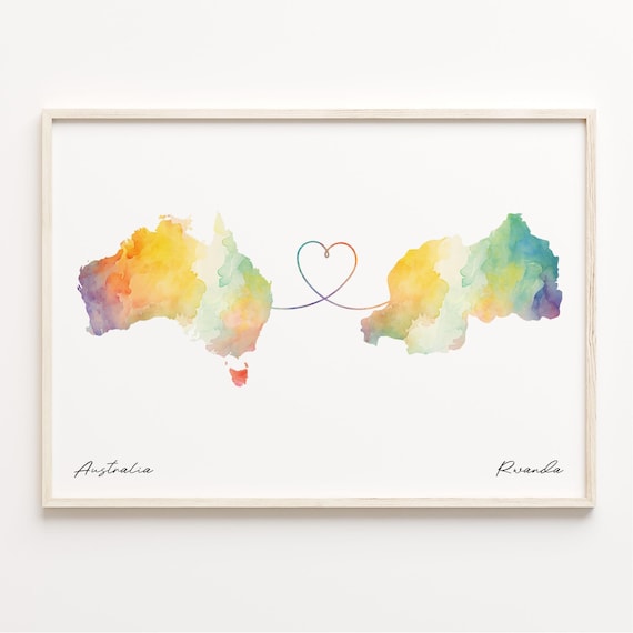 Australia To Rwanda Watercolor Heart Map Long Distance Gift Poster