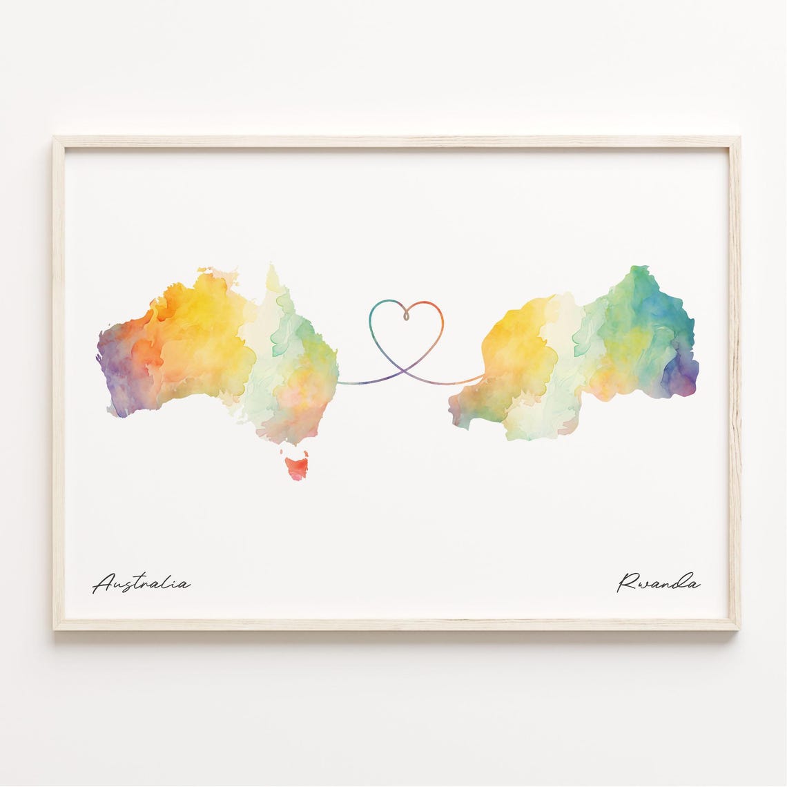 Australia To Rwanda Watercolor Heart Map Long Distance Gift Poster