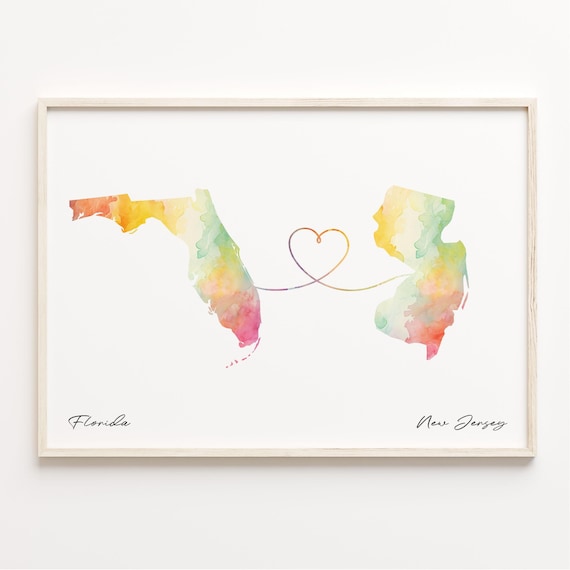 Florida To New Jersey Watercolor Map Travel Poster