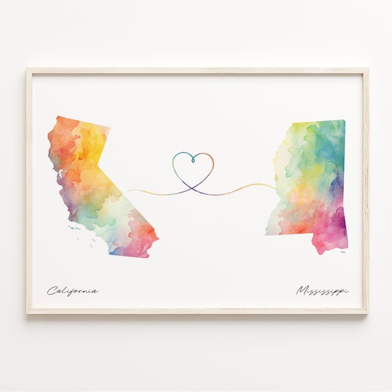 California To Mississippi Watercolor Heart Connection Map Poster