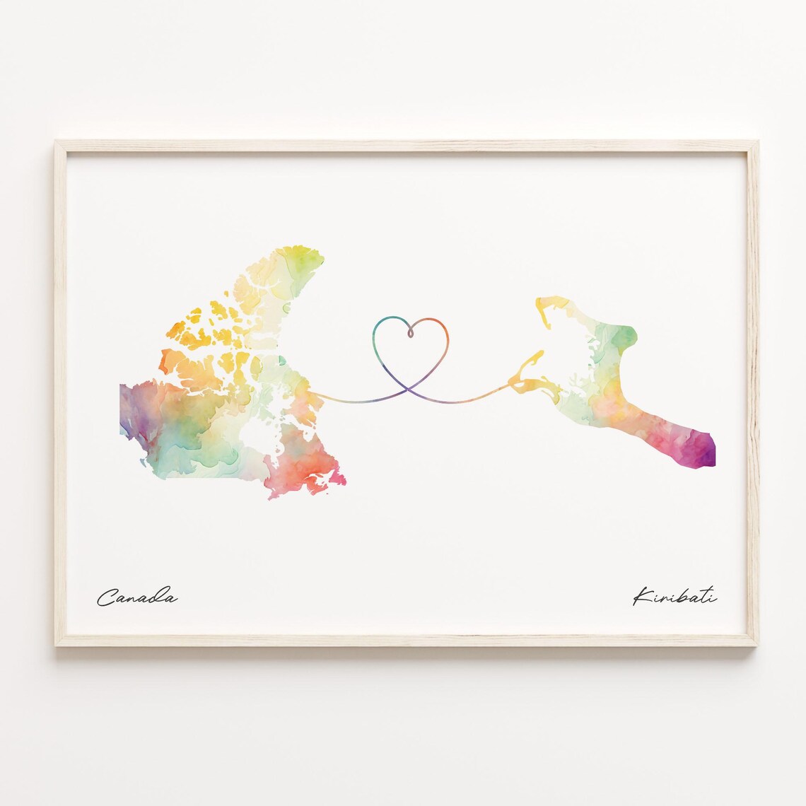Canada to Kiribati Love Heart Watercolor Map Long Distance Poster