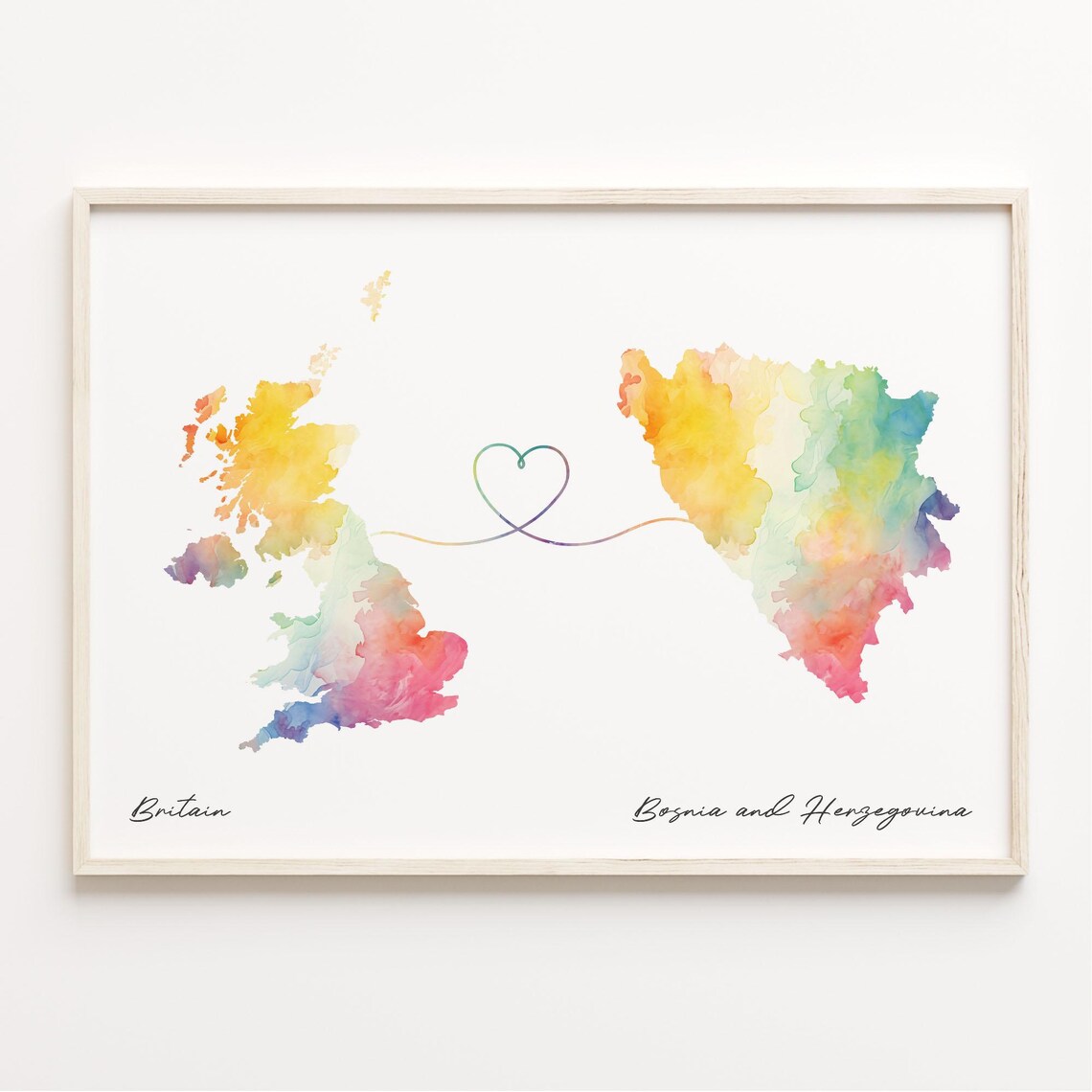 Britain to Bosnia and Herzegovina Watercolor Heart Map Poster