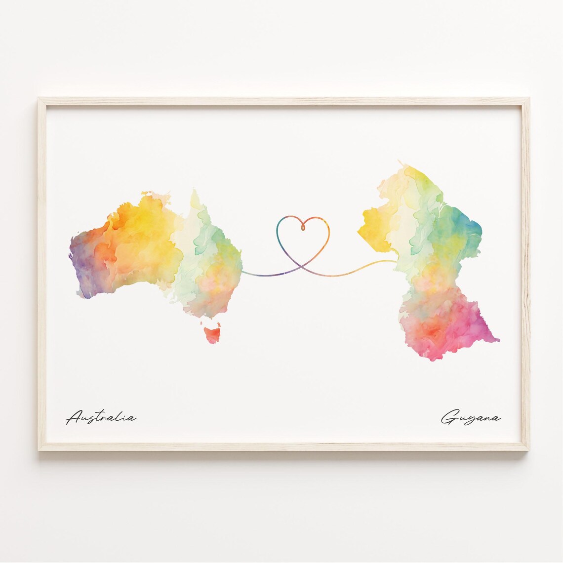 Australia to Guyana Watercolor Heart Map Long Distance Love Poster