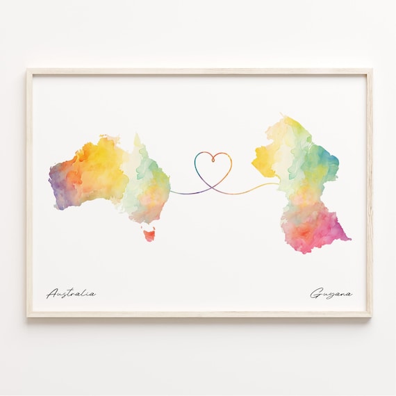 Australia to Guyana Watercolor Heart Map Long Distance Love Poster