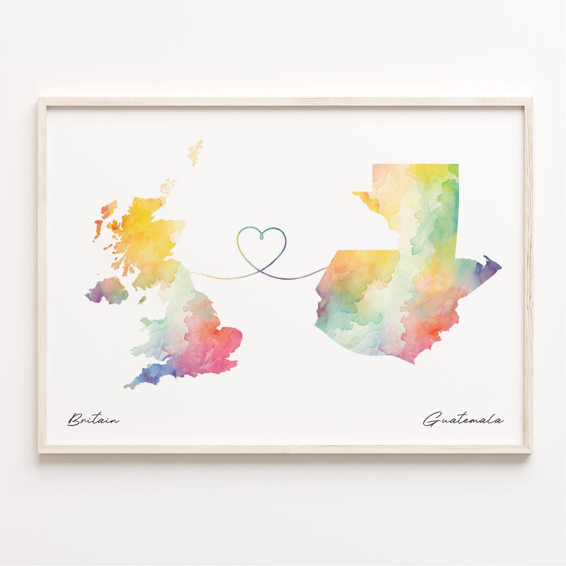 Britain To Guatemala Watercolor Map Heart Sweet Connection Poster