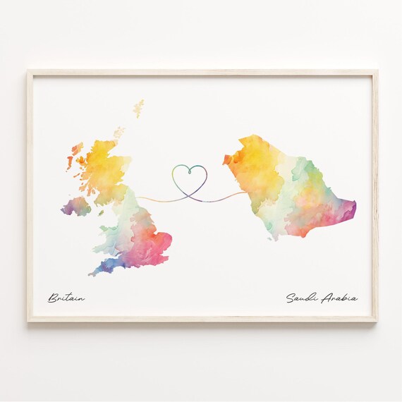 Britain To Saudi Arabia Watercolor Map Poster With Rainbow Heart