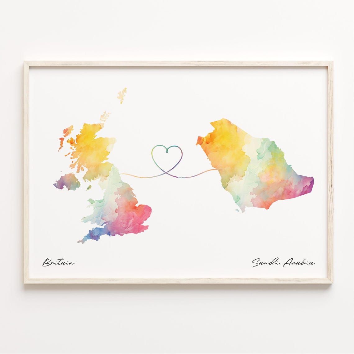 Britain To Saudi Arabia Watercolor Map Poster With Rainbow Heart