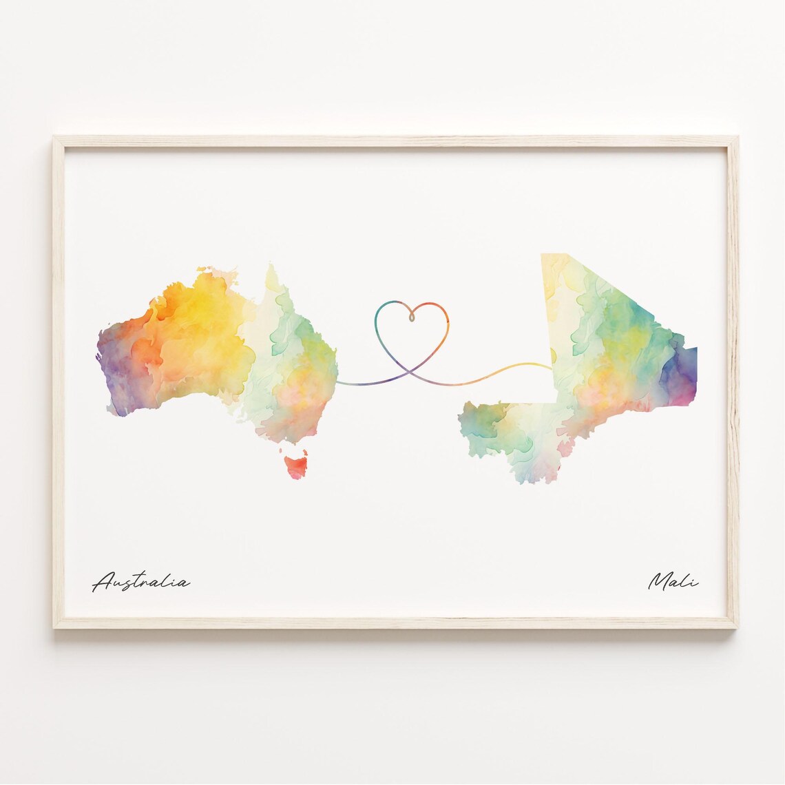 Australia To Mali Watercolor Heart Map Long Distance Love Poster