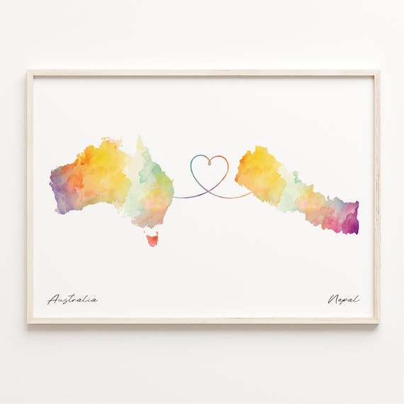 Australia To Nepal Watercolor Heart Map Long Distance Love Poster