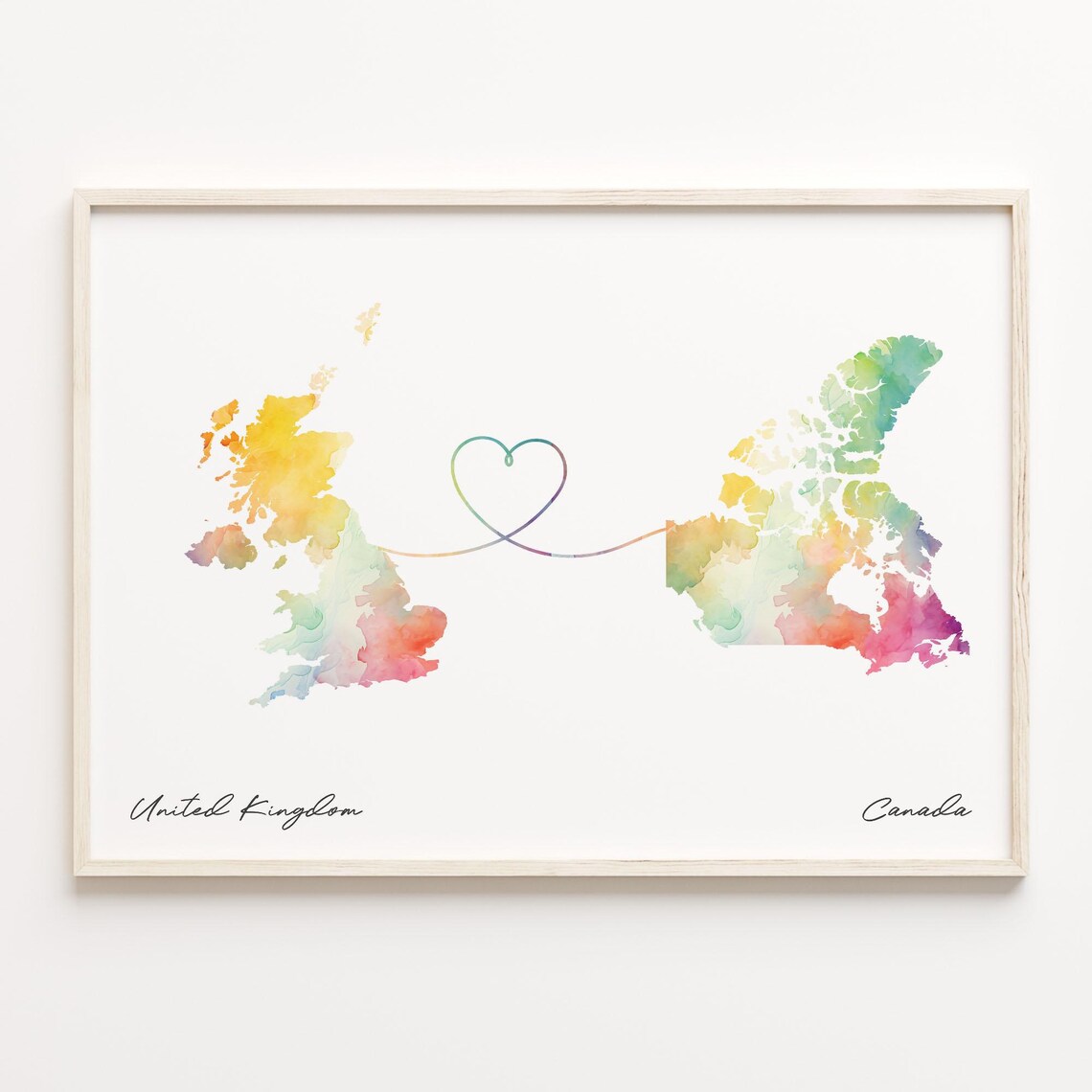 United Kingdom To Canada Watercolor Map Poster Heart Long Distance Gift