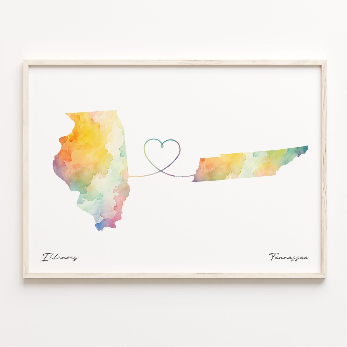 Illinois To Tennessee Long Distance Watercolor Heart Map Poster