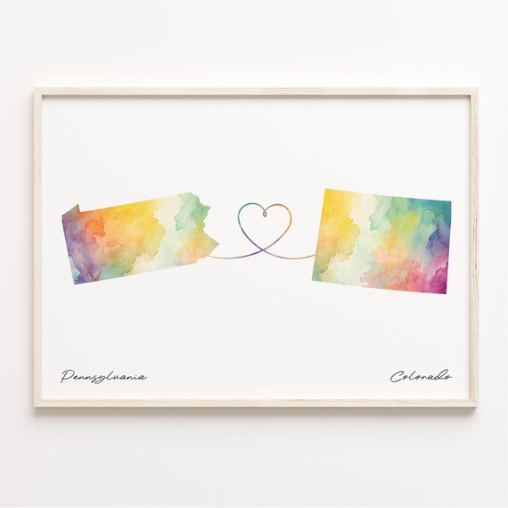 Pennsylvania To Colorado Watercolor State Map Love Connection Poster